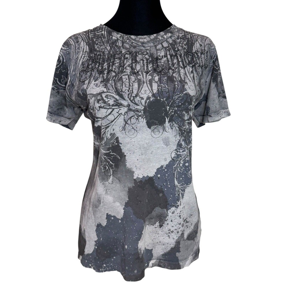 Affliction Womens L Watercolor Series T-Shirt Braided Skeletal Cutout Back Gray